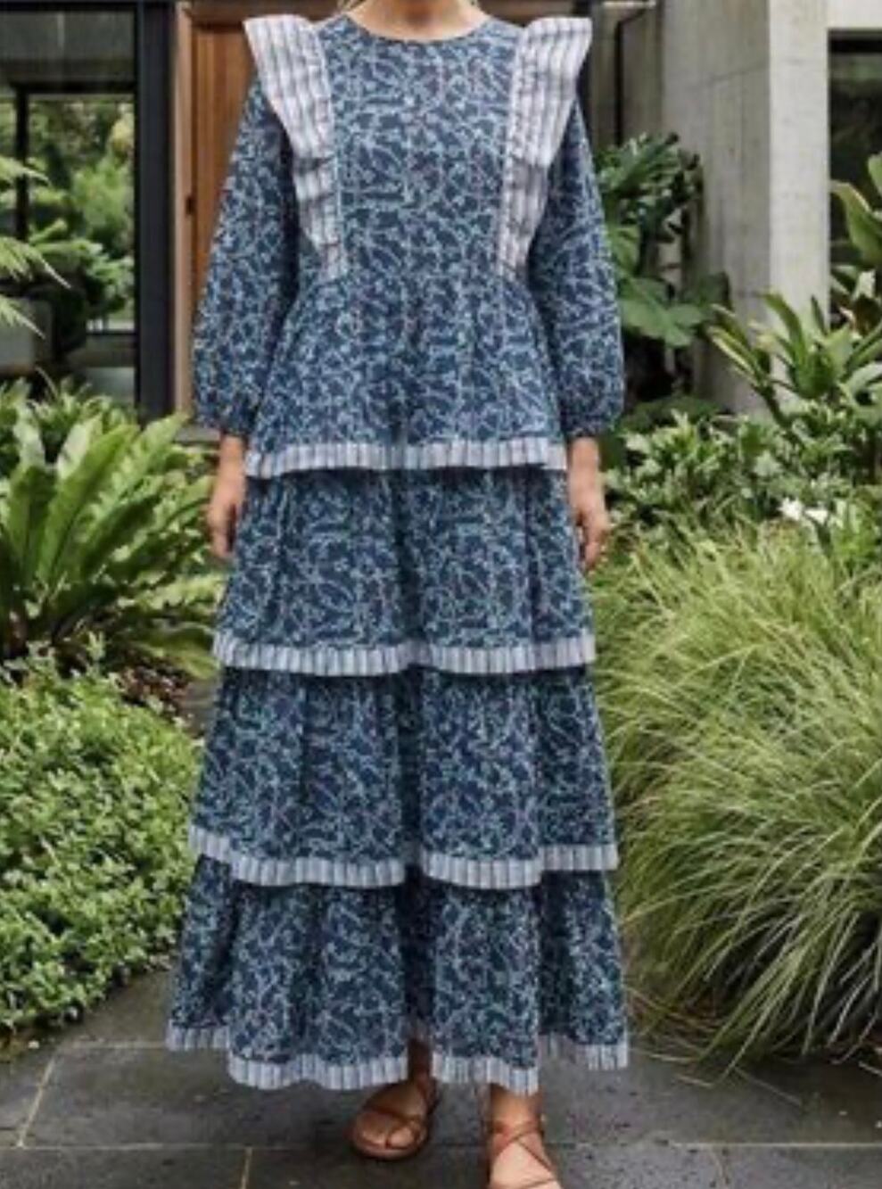 NWT Simply Southern Navy Floral Bows Tiered Ruffle Maxi Dress Striped Trim Large